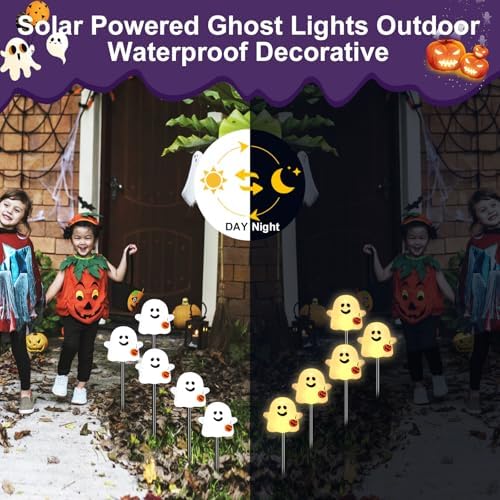 Solar Halloween Ghost Pathway Lights, 10 Pack Ghost Stake Lights with Pumpkin Design, Durable Waterproof Outdoor Halloween Decoration for Garden, Walkway, and Yard (Warm White)