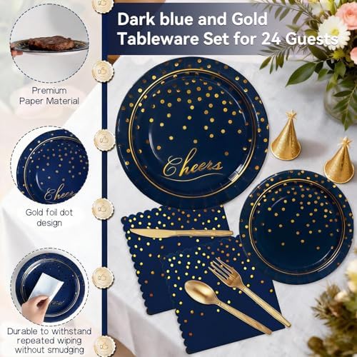 168Pcs Blue and Gold Paper Plates and Napkins Party Supplies for 24 Guest