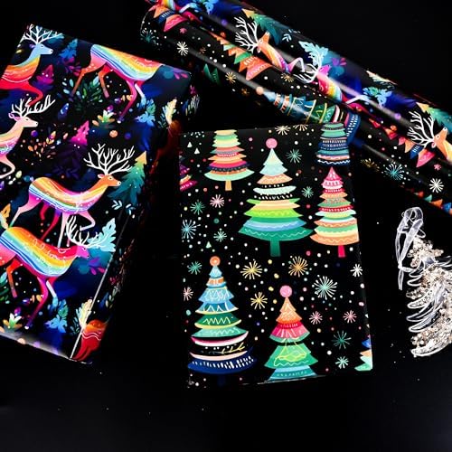 Vnaaem Christmas Wrapping Paper for Boys Girls Kids - Cute Rainbow Xmas Gift Wrap with Santa Tree Reindeer Design for Holiday Winter Paty - 20 x 28Inches Per Sheet(8 Pack)