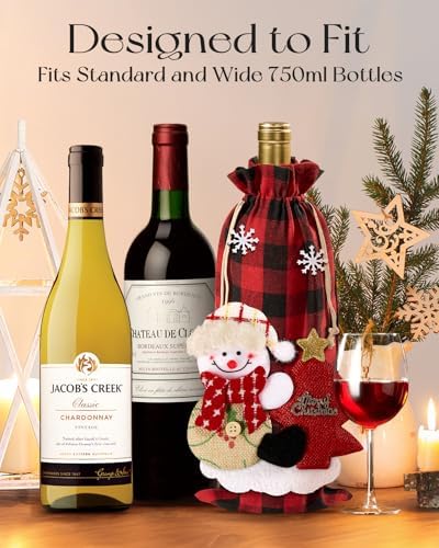 Swooflia Christmas Wine Gift Bags - 4 Pcs Classic Checkered Wine Bottle Bag with 3D Dolls Reusable Xmas Bottle Cloth Wrapping Sleeves with Drawstring Cute Holiday Party Decoration