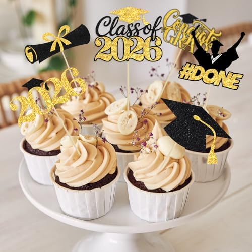 24 Pieces 2026 Graduation Cupcake Toppers and Wrappers, Adjustable Grad Cap Diploma Cake Decorations for Class of 2025 Graduation Party Supplies (Black Gold)