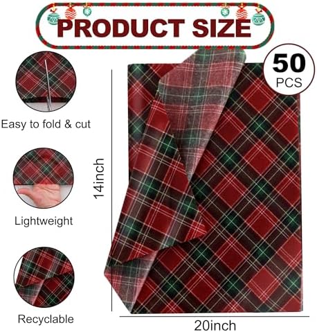 BEISHIDA Christmas Gingham Tissue Paper Bulk，Red and Green Buffalo Plaid Wrapping Tissue Paper for Gift Bags, 14 x 20 Inch Gift Wrap for Christmas Party DIY Crafts Decor Holiday Flowers-50pcs