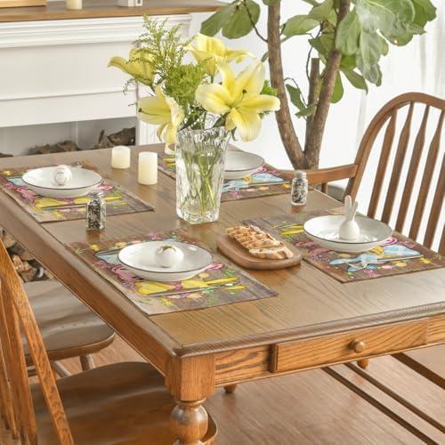Artoid Mode Wood Bunny Rabbits Eggs Easter Placemats Set of 4, 12x18 Inch Floral Bow Seasonal Spring Holiday Table Mats for Party Kitchen Dining Decoration
