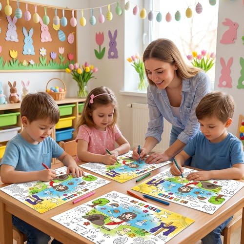 45pcs He is Risen Disposable Coloring Placemats Easter Christian Crafts for Kids Sunday School Easter Party Favors Coloring Poster Religious Activity Church Supplies Paper Table Mats