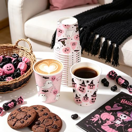 WRAPAHOLIC 9oz Pink Halloween Paper Cups - 48 PackGhost, Witch Hat, Pumpkin and Skull 4 Designs Disposable Cup, Coffee Cup, Hot/Cold Beverage Drinking Cups for Water Juice, Perfect for Halloween