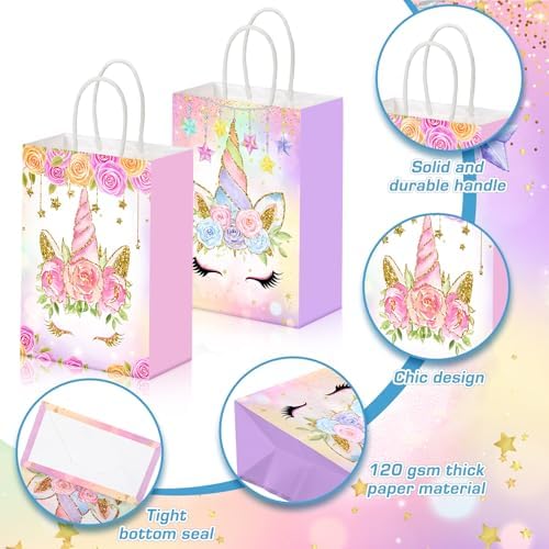 Kolldenn 48 Pcs Unicorn Party Favor Bags with Handles Unicorn Goodie Bags