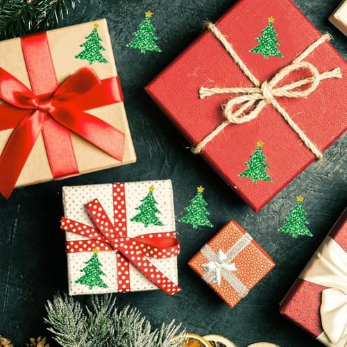500Pcs Christmas Tree Stickers Roll - Laser Christmas Tree Shape Self-Adhesive Sealing Stickers, Green Sparkly Waterproof Decals for Christmas Party Envelope Scrapbook Decor