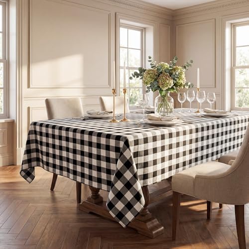 Waterproof Gingham Tablecloth, Checkered Fabric Table Cover for Kitchen Dining, Black & White Plaid Table Cloth, Rectangle Table Cloth for Indoor Outdoor Use, W60 x L102 in