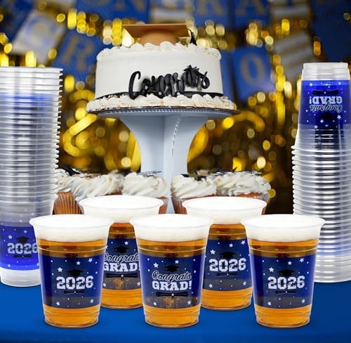 Gift Boutique Class of 2026 Graduation Plastic Cups 100 Pack Blue 16 oz Disposable Drink Cups for Grad Party Supplies Beverages Events Celebration Tableware Decorations