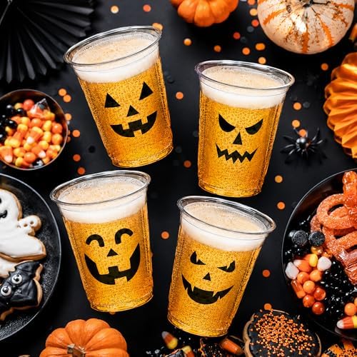 Halloween Plastic Cups,100 Pcs 12 oz Disposable Pumpkin Cups, 4 Designs