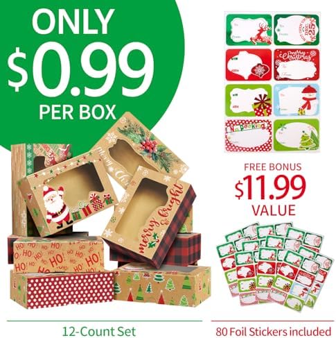 Party Funny 12 Christmas Cookie Boxes -Large Holiday Bakery Food Container for Gift Giving with 80 Count Christmas Foil Gift Stickers