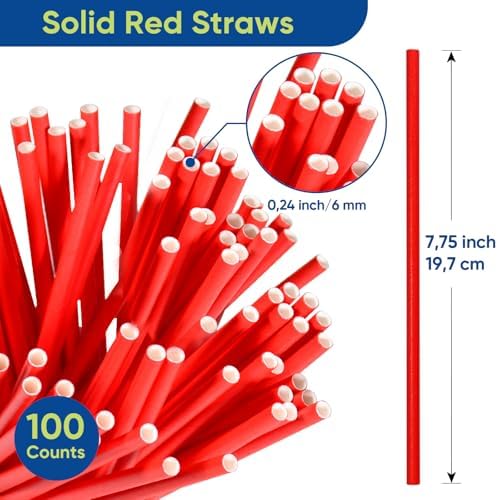 Disposable 7.75 inch Solid Red Paper Straws 100 Counts for Drinking, Decoration, Cake Pops, DIY Arts & Crafts - Eco-friendly