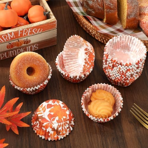 Whaline 300Pcs Fall Cupcake Liners Orange Maple Leaves Paper Baking Cups Thanksgiving Watercolor Leaves Cake Muffin Liner Cupcake Wrappers for Autumn Harvest Party Supplies, 2 x 1.2 Inch