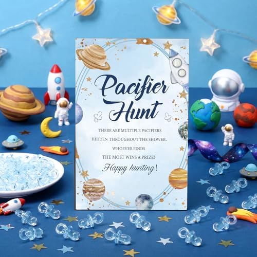Thyle 51 Pcs Outer Space Baby Shower Games Planets Pacifier Hunt Include Galaxy Solar System Hunt Sign and 50 Acrylic Pacifiers for Astronaut Baby Shower Game over The Moon Gender Reveal Party Decor