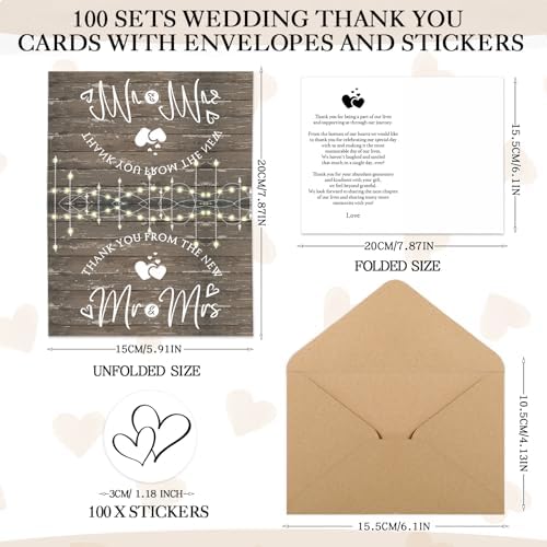 Spakon 100 Sets Wedding Thank You Cards with Envelopes and Stickers Wedding Themed Kraft Paper Thank You Card with Message Mr and Mrs Thank You Notes for Bridal Shower Anniversary Guests (Rustic)