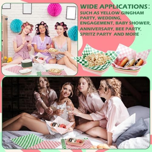 Geosar 100 Pcs Gingham Paper Food Tray with Wax Paper,Pink Green