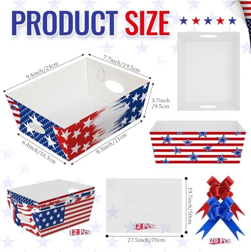 Cinrobiye 12 Pcs Patriotic Gift Baskets Bulk Empty 4th of July American Flag USA Gift Basket Kit with Pull Bows for Independence Day, Memorial Day, Veterans Day, Birthday Party Favors