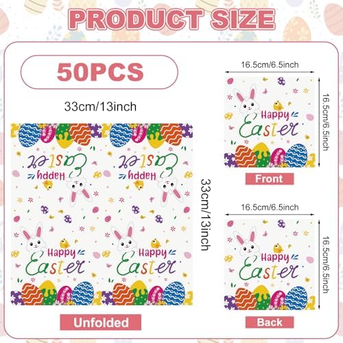 50 Pcs Happy Easter Napkins Disposable, 13 Inch Spring Bunny Napkins, 3-Ply Cute Easter Eggs Rabbit Flower Dinner Cocktail Paper Towels for Easters Party Supplies Table Decorations Favors