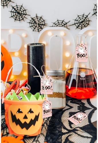 Aukolass 50Pcs Boo Gift Tags, Halloween Treat Tag (Pink Boo)
