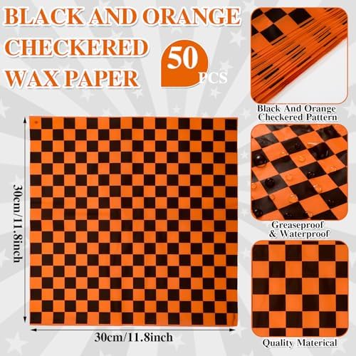 Geosar 100 Pcs Gingham Paper Food Tray with Wax Paper,Orange Black