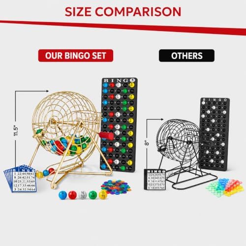 MR CHIPS 11" Tall Bingo Set with Steel Cage Professional Game Everlasting 7/8” Balls, 18 Cards and 300 Chips - Luxury Gold Color