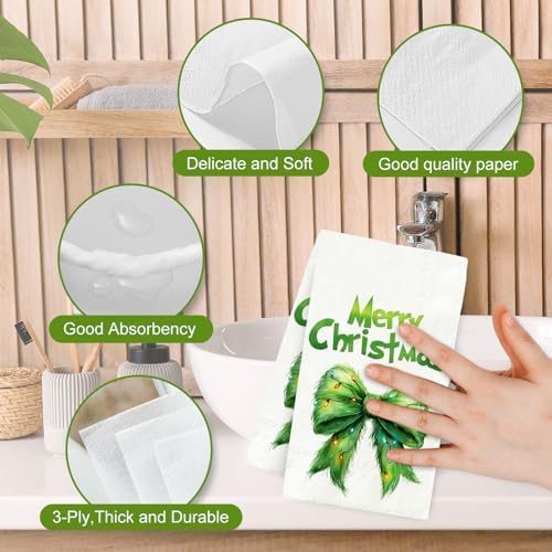 JarThenaAMCS 100 Pcs Christmas Guest Napkins Green Bow Disposable Paper Napkin Dinner Hand Napkins for Xmas Kitchen Home Bathroom Party Supplies Table Decor