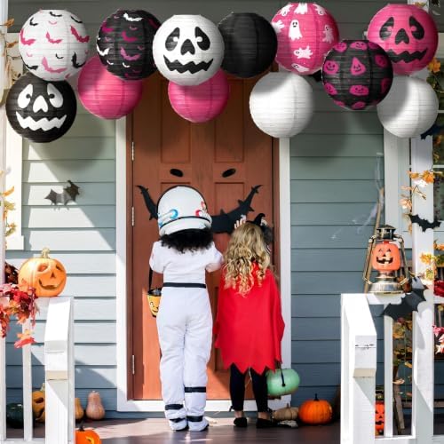 Bencailor 16 Pcs Halloween Paper Lanterns Ghost Bat Pumpkin Halloween Party Paper Lanterns Black White Red Round Hanging Party Decorations for Holiday Indoor Outdoor Decor