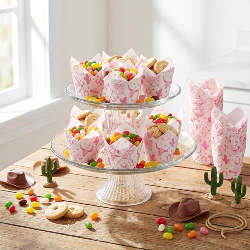 Maxdot 200 Pcs Western Cowgirl Tulip Cupcake Liners for Baking Western Theme Paper Muffin Baking Cups Pink West Tulip Muffin Liners Wrappers for Baby Shower Birthday Bachelorette Party