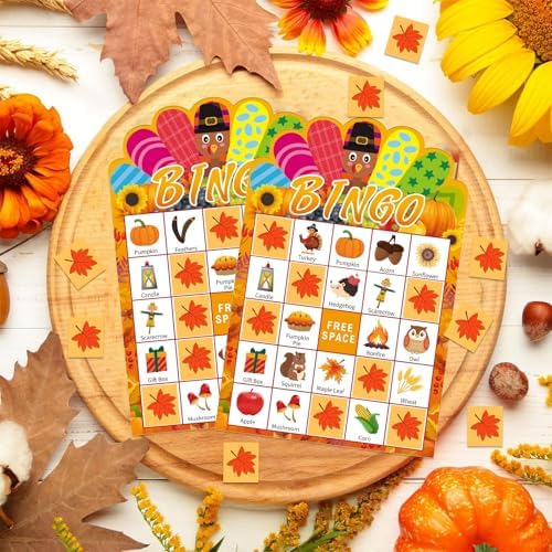 JUESMOS Thanksgiving Bingo Game for Kids Adults Fall Thanksgiving Games Bingo Cards 24 Players Turkey Bingos Games Cards Thanksgivings Game Supplies for School Classroom Family Activities Party Favors