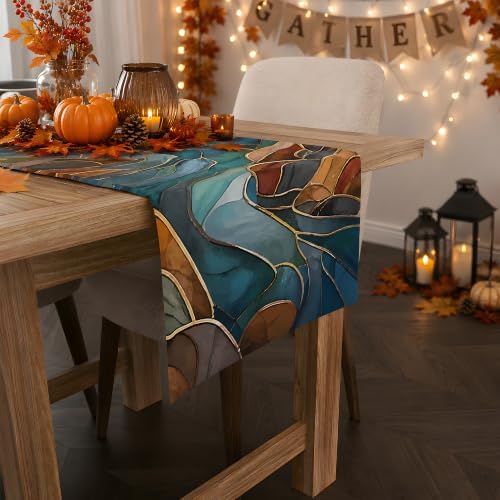 Fall Decorations for Home - Stained Glass Mountain River Fall Table Runner