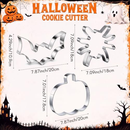 Teenyyou 3 Pcs 7.5 Inch Large Halloween Cookie Cutters Set Extra Large Pumpkin Bat Spider Shapes Stainless Steel Metal Giant Cookie Cutters Molds for Halloween Day Baking Party Kitchen Accessories