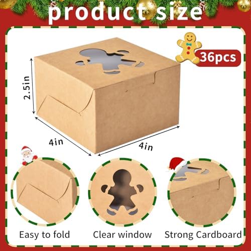 KPOSIYA 36 Pack Christmas Cookie Boxes for Gift Giving, 4x4x2.5 Inch Brown Bakery Box With Window, Large Holiday Cookie Tins With Lids, Small Xmas Treat Box for Pastry Dessert Cupcakes Packaging