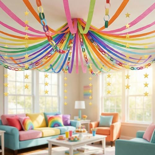 1000 Sheet Rainbow Paper Chain Strips and 65 ft Star Garland Set