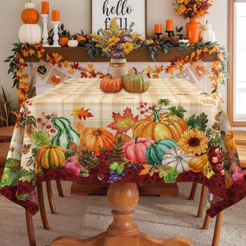 Fall Plaid Tablecloth Rectangle 60 x 84 Inch, Stain Resistant Washable Fabric Autumn Harvest Pumpkin Tablecloths Rectangular Fall Table Cloth Rectangle Table Cover for Kitchen Dining Party