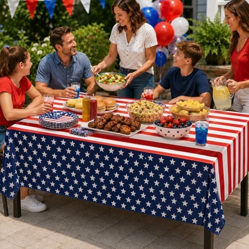 3 Pieces Patriotic Stars and Stripes Tablecloth - 54x108" Disposable Red White Blue American Flag Plastic Table Cover for 4th of July, Memorial Day, Veterans Day and USA-Themed Party Decorations