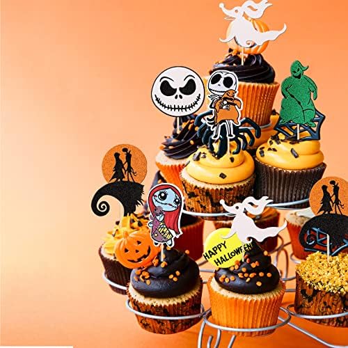 24 PCS Jack Skellington Halloween Cupcake Toppers Glitter Skull Ghost Jack and Sally Cupcake Picks for Nightmare Theme Wedding Anniversary Birthday Party Cake Decorations Supplies