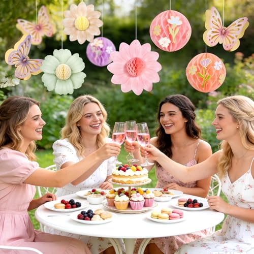 Paper Jazz Pastel Butterfly Decorations Hanging Paper Flowers Honeycomb Birthday for Fairy Party,Spring Theme Decor for Wildflower First Birthday,Tea,Garden Party,Classroom,Bulletin Board