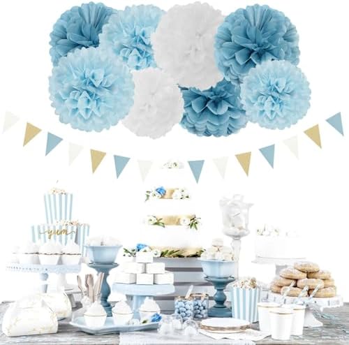 Dusty-Blue White Party-Decorations Paper-Flowers Lanterns - 15pcs Birthday Baby Bridal Shower Tissue Pom Poms Streamers Honeycomb, Boy Men Wedding Bachelorette Hanging Supplies Decor Hugfond