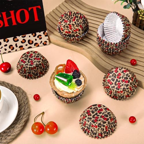 JarThenaAMCS 300 Pcs Leopard Print Cherry Cupcake Liners Cheetah Print Paper Baking Cups Standard Muffin Cupcake Wrappers for Animal Themed Holiday Wedding Baby Shower Birthday Party Supplies