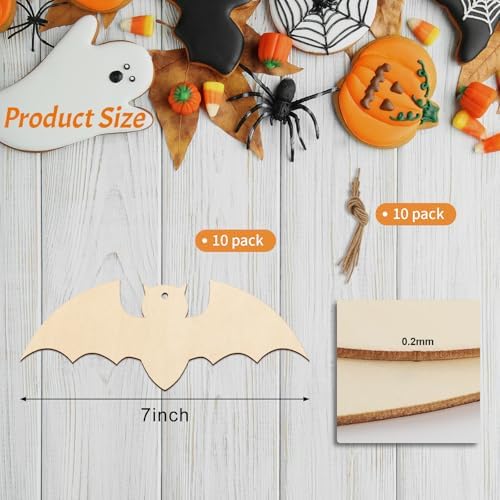 Large Size 7inch Wooden Halloween Ornaments to Paint,Bat Cutouts Unfinished DIY Blank Unfinished Pumpkin Wood Discs Ornament for Crafts Hanging Autumn Decorations 10PCS