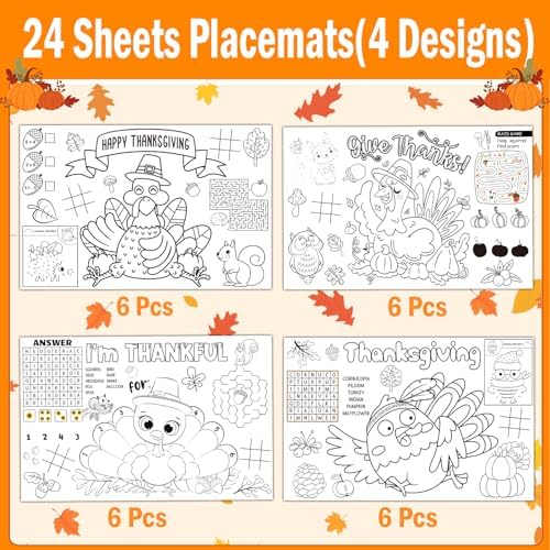 24 Pack Thanksgiving Paper Coloring Placemats for Thanksgiving Place Mats Turkey Paper Placemats Crafts for Coloring Activity