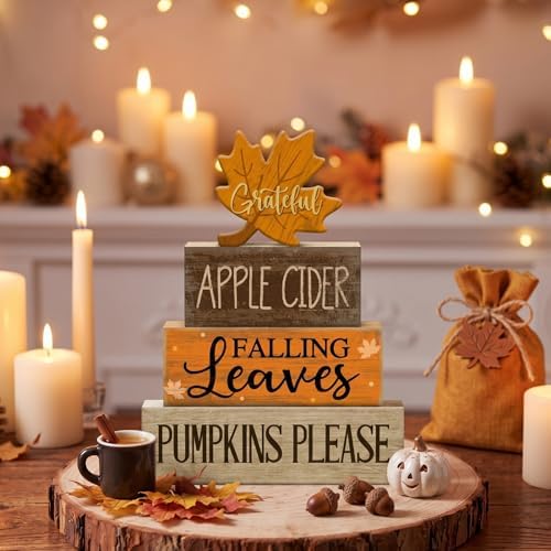 Moucuny 4 Pcs Fall Table Decor for Home, Wooden Grateful Maple Leaf Signs