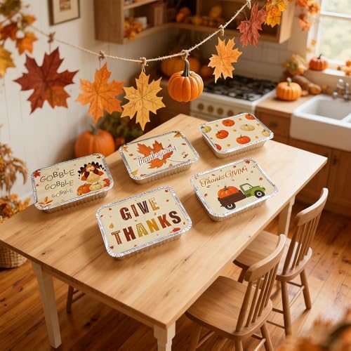 Thanksgiving 8x6 Disposable Aluminum Foil Pans with Lids 40 Pack, Turkey Pumpkins Maple Leaf Small Cake Pans, Food Containers for Baking, Cooking, Roasting, Heating or Steam Table