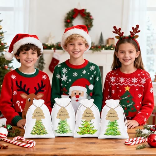 G2PLUS 24Pcs Christmas Drawstring Burlap Gift Bags - 5X7 In Christmas Advent Calendar Bags, 4 Design Xmas Tree Burlap Bag, White Treat Goody Bag for Xmas Holiday Party Favors