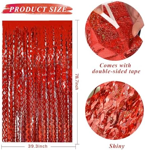 Red Tinsel Foil Fringe Curtains Wavy Backdrop for Parties Sparkle Metallic Wavy Foil Fringe Backdrop Curtain for Party Decorations Photo Booth Props Birthday Graduation Wedding Valentines Decor