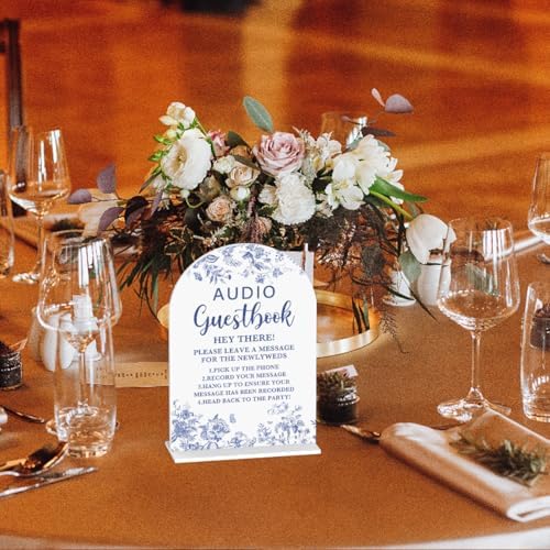 Acrylic Wedding Signs, Dusty Blue Wedding Decor, Blue Weddings Decor, Audio Guestbook Sign for Ceremony, White Modern Arch Acrylic Table Top Sign for Weddings Parties Dinners 5x7 Inch