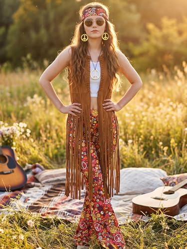 SOMSOC 7 Pieces 60s 70s Women Hippie Costume Fringe Vest Bag Pant Headband for Disco