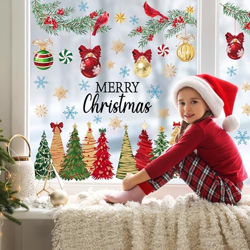8 Sheets Christmas Window Clings Stickers Winter Snowflake Merry Christmas Tree Xmas Window Decals for Holiday Party Home Office Shop Glass Display Decoration
