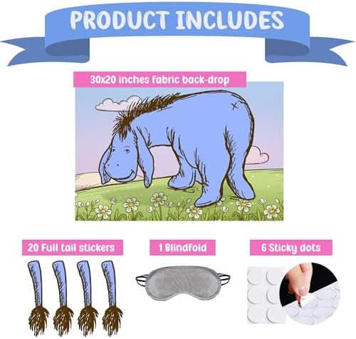 Winnie Pin The Tail On Eeyore Donkey Fun Party Game for Pooh Baby Shower Birthday Decorations, Pin The Tail On Donkey Poster with 20 Tail Stickers and Blind Fold.