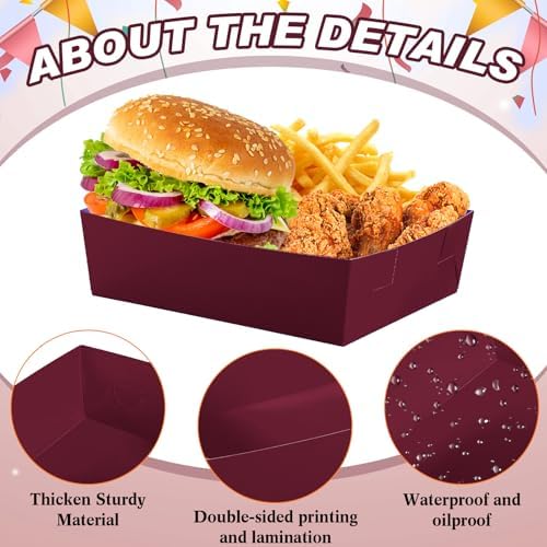 Uiifan 50 Pcs 5 lb Extra Large Paper Food Serving Trays, Burgundy